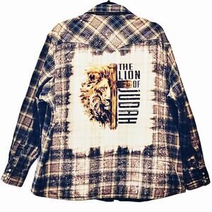 Lion of Judah Custom Christian Upcycled Plaid Flannel Long Sleeve Shirt, XL/XXL